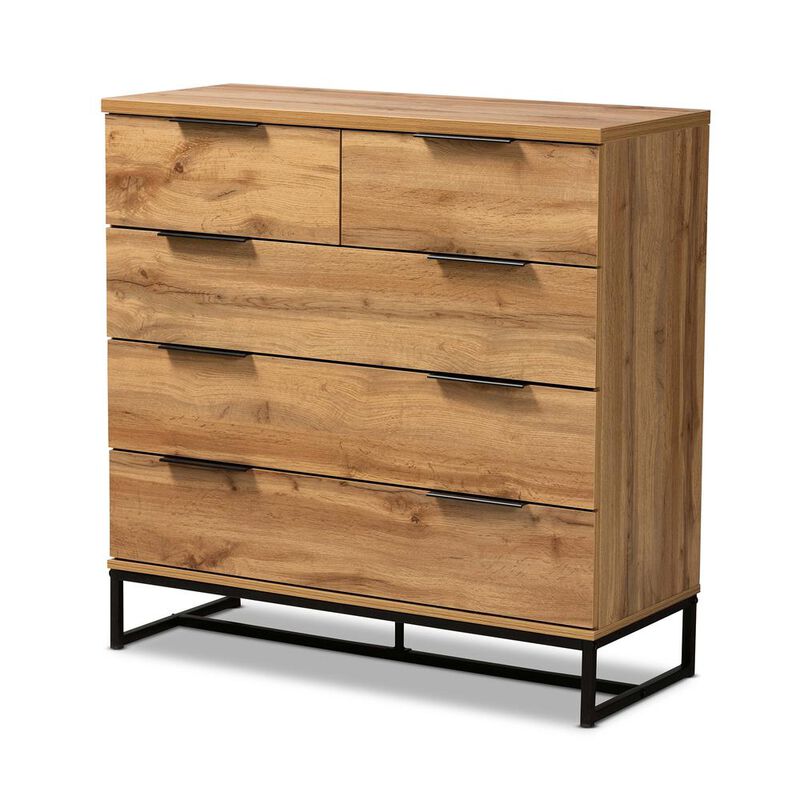 Baxton Studio Oak Finished Wood and Black Finished Metal 5-Drawer Bedroom Chest