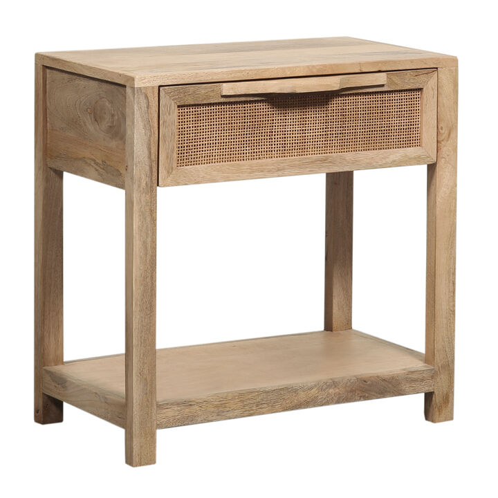 Rosette 22 Inch Accent Side Table, Rattan Front Drawer, Open Shelf, Natural Brown Mango Wood Frame
