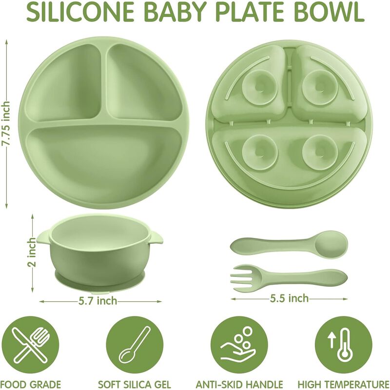 9-Piece Silicone Baby Feeding Set – Suction Plates, Bowls with Spoon, Fork, Microwave, Dishwasher Safe, Matte Colors