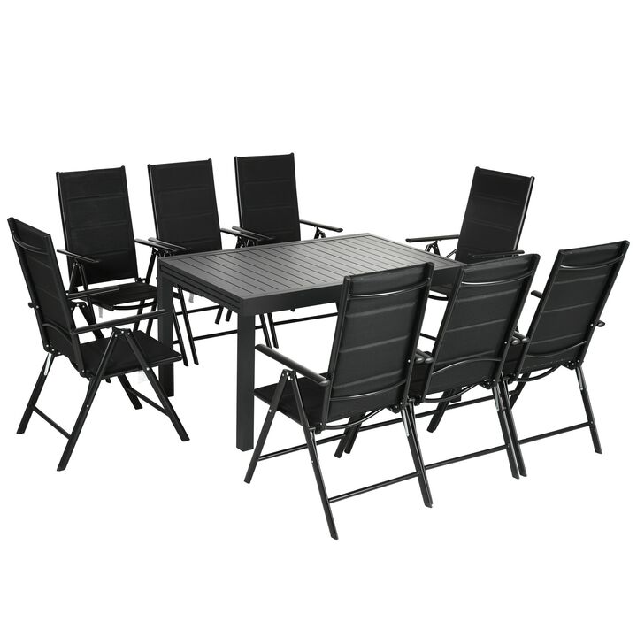 Patio Dining Set 9 Pieces for 8 Aluminum Expandable Outdoor Table Folding Reclining Padded High Back Chair Mesh Fabric Seats Black