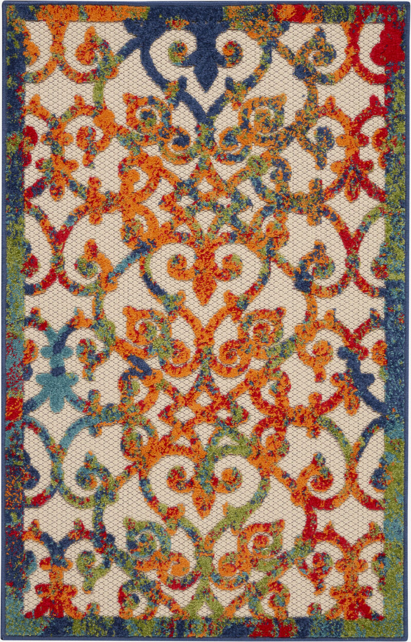 HomeRoots 3' X 4' Navy Blue Beige Green Orange And Red Trellis Indoor Outdoor Area Rug image number 0