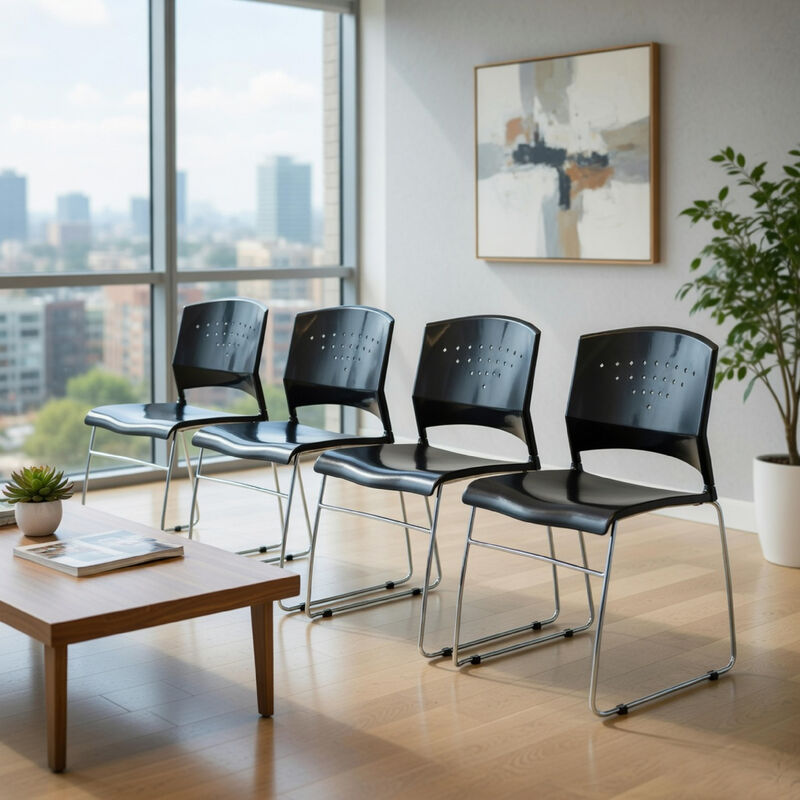Anu Stack Chair Set of 4, Sculpted Black Polypropylene, Chrome Sled Base image number 8