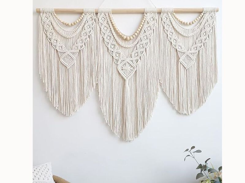 Large Macrame Wall Hanging – Handmade Boho Tapestry with Wooden Beads for Bedroom & Living Room