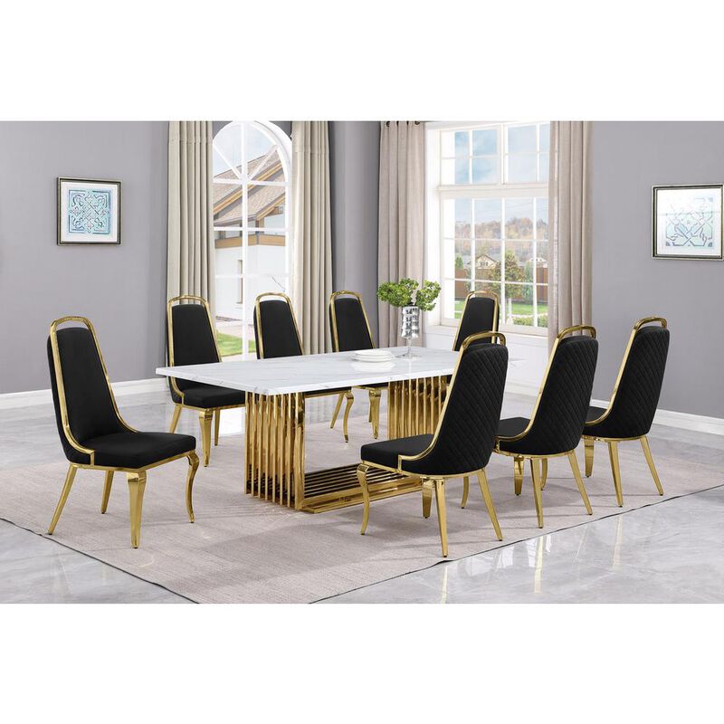 9pc Large(79") marble top dining set with gold base and 8 Black side chairs image number 1