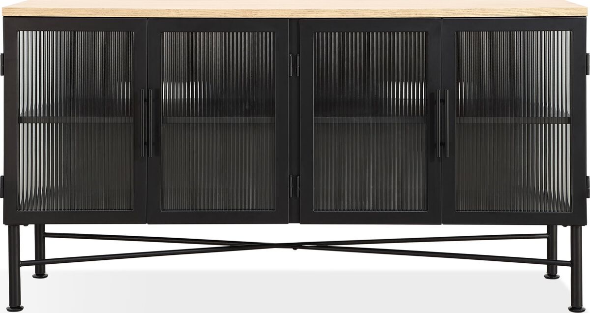 Aere Four Door Ribbed Glass, Metal and Wood Sideboard in Natural Ash and Black