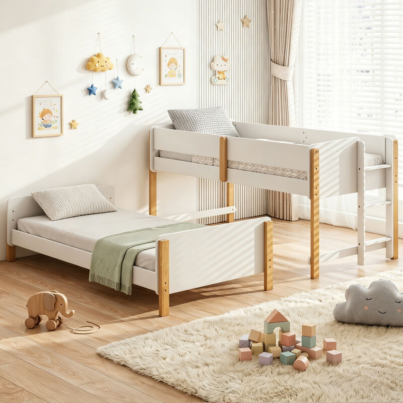 Twin Over Twin Bunk Bed with Ladder Converts to 2 Twin Beds Wood Frame image number 3