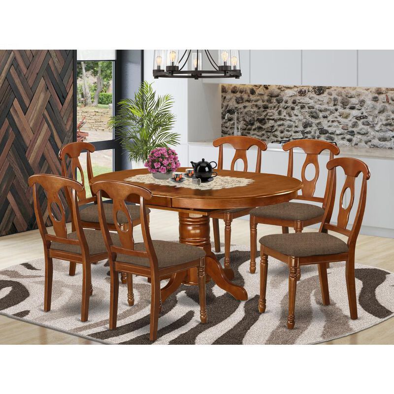 7 Pc Dinette Table with Leaf and 6 Fabric Seat Chairs in Saddle Brown.