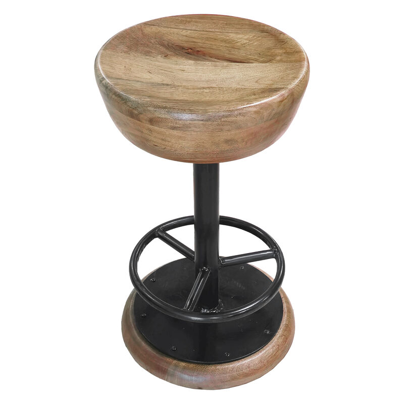 Rustic Charm Swivel Counter Bar Stool 24 Inch Handcrafted, Brown Mango Wood Round Seat, Black Iron Base with Footrest - Benzara