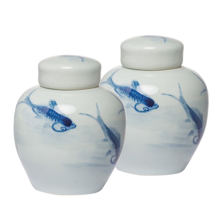 8 Inch Lidded Ginger Jar, Painted Koi Fish, White Blue Porcelain, Set of 2-Benzara