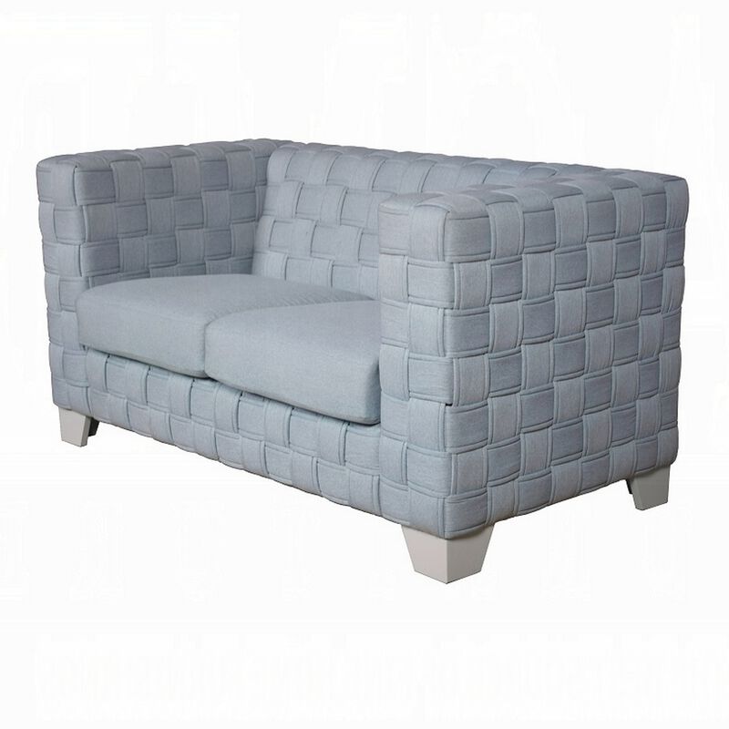 Reah Loveseat, Knitted Light Blue Chenille, White Wood Legs, 63 Inch