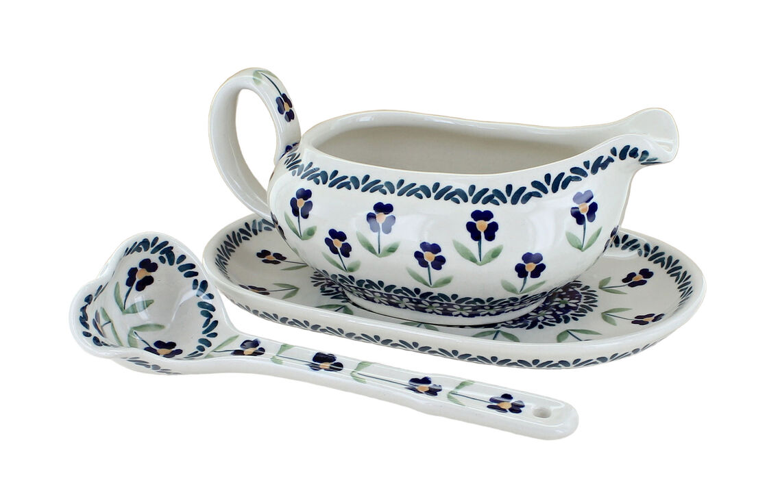 Blue Rose Polish Pottery Peach Blossom Gravy Boat & Ladle