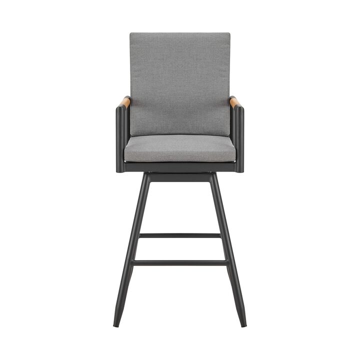 Razi 26 Inch Outdoor Swivel Counter Stool Chair, Black Metal, Gray Cushions - Benzara