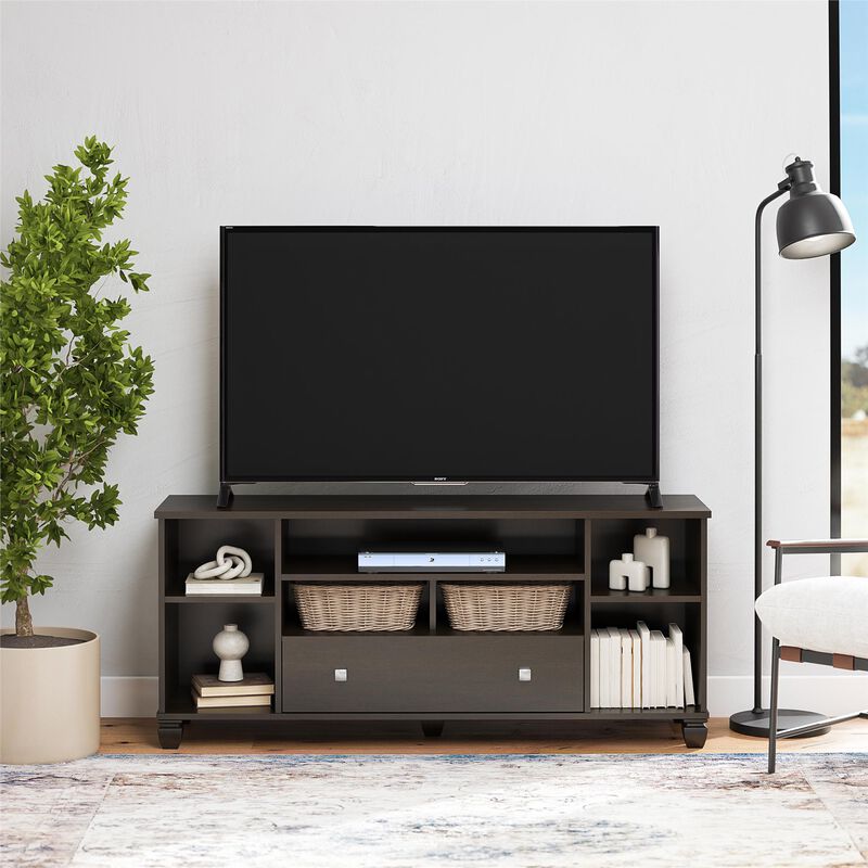 Ameriwood Home Brett TV Stand for TVs up to 64" with 7 Open Shelves and 1 Drawer, Espresso image number 3