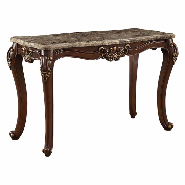 HomeRoots Modern Decorative Walnut Wood Marble Sofa Table