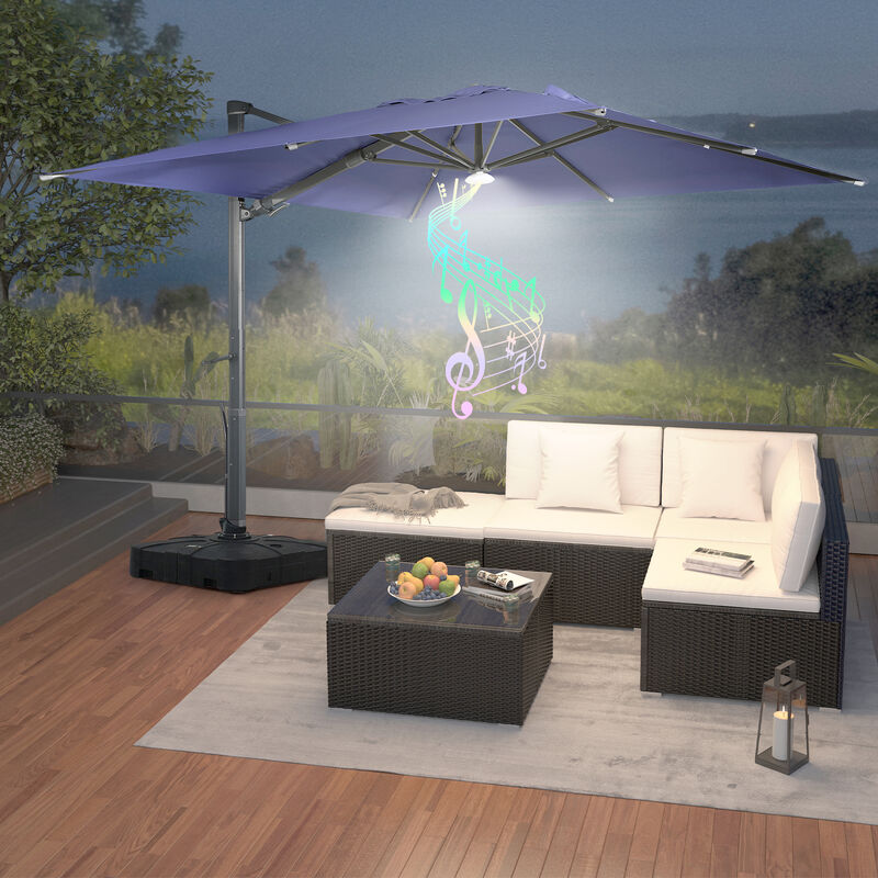 MONDAWE 10 ft. Square Outdoor Cantilever Umbrella Aluminum Frame Tilting Parasol with Detachable Bluetooth LED Light Panel and Weighted Based
