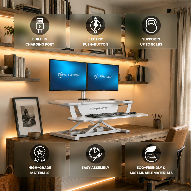 VersaDesk PowerPro Electric Height Adjustable Standing Desk Converter 36"W with USB Charging Port &ndash; White image number 2