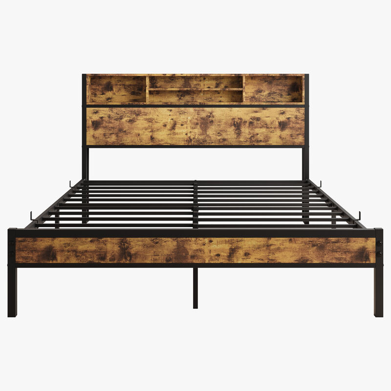 Queen Size Bed Frame with Storage Headboard, Metal Platform Bed with Charging Station,  Bookcase Storage