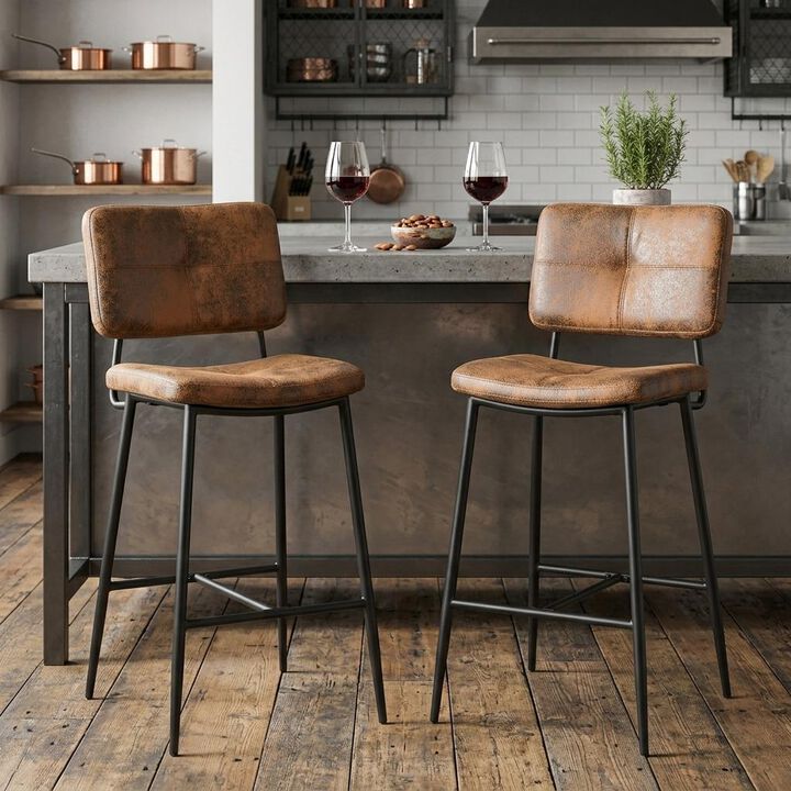 HomeRoots Set of Two 27" Brown And Black Faux Leather And Steel Low Back Counter Height Bar Chairs