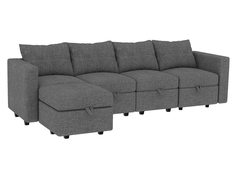 Modular 4-Seat Sectional Sofa with Wooden Frame and Chaise, Convertible Sofa with Pull-Out Bed, Available in Black, White, and Gray,109" L x 54.5" W x 34" H
