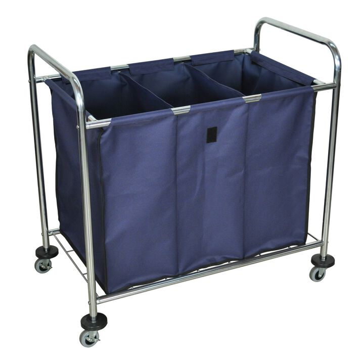 Ergode Rolling Industrial Laundry Cart with Heavy-Duty 3 Compartment Canvas Bag and Chrome-Plated Steel Frame - Navy