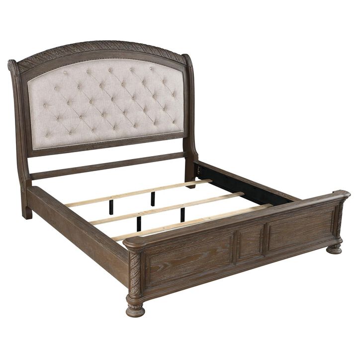 Benjara Emme Queen Panel Bed with Upholstered Tufted Headboard, Poplar, Beige, Brown