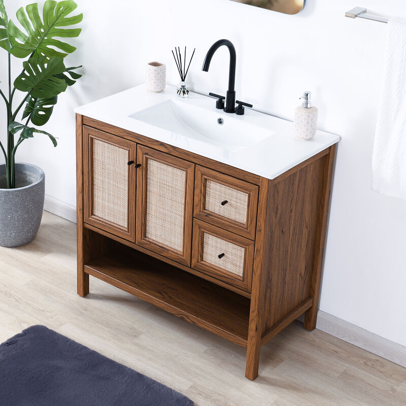 Jasper 36 in. W x 18 in. D x 33 in. H Rattan Modern Coastal 2-Shelf Bath Vanity Cabinet Only (Sink Basin Not Included)