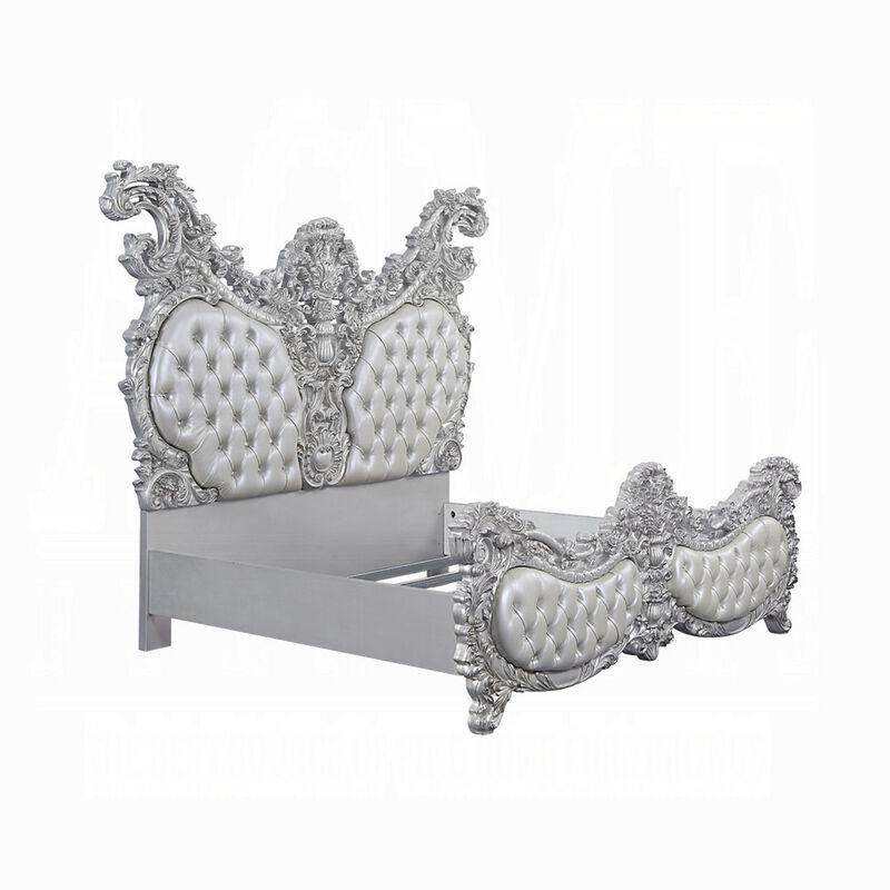 Vera King Size Bed, Ornate Carving, Platinum Faux Leather Upholstery - Benzara