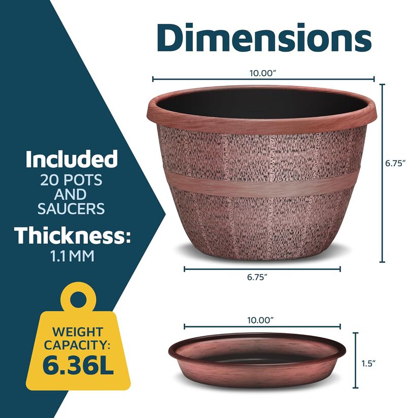 10-Inch Whiskey Barrel Planters Outdoor Pack of 20 - Durable Plastic Plant Pots for Indoor & Outdoor Use with Drainage & Saucer, Lightweight Rustic Barrel Planters for Flowers, Herbs & Small Plants image number 1