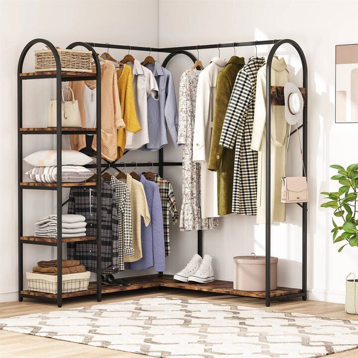 Freestanding L-Shaped Garment Rack – Corner Clothing Storage with Shelves and Rods