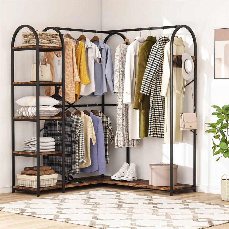 Freestanding L-Shaped Garment Rack – Corner Clothing Storage with Shelves and Rods