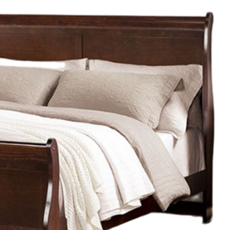 Ryla Queen Size Bed, Sleigh Panel Headboard, Dark Cherry Brown Solid Wood - Benzara