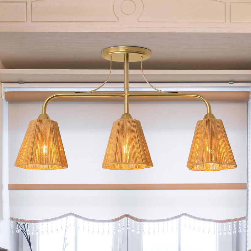 29.9" 3-Light Vintage Plated Brass LED Flush Mount Ceiling Light with Hemp Paper Rope Shade