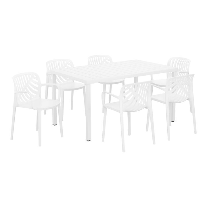 WestinTrends 7-Piece Outdoor Metal Rectangle Patio Dining Table Set With Stackable Resin Patio Dining Chairs