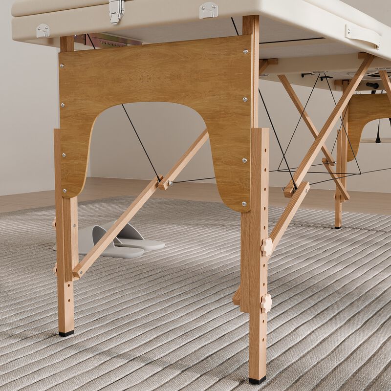 FUFU&GAGA Portable Folding Massage Bed with Solid Wood Legs & Metal Frame, Beige PVC Leather Top (Open: 84.2 in. W x 21.2 in. D x 26.7 in. H / Folded: 36.2 in. W x 7 in. D x 21.2 in. H), Beige