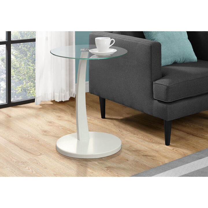 Monarch Specialties I 3017 Accent Table, C-shaped, End, Side, Snack, Living Room, Bedroom, Laminate, Tempered Glass, White, Clear, Contemporary, Modern