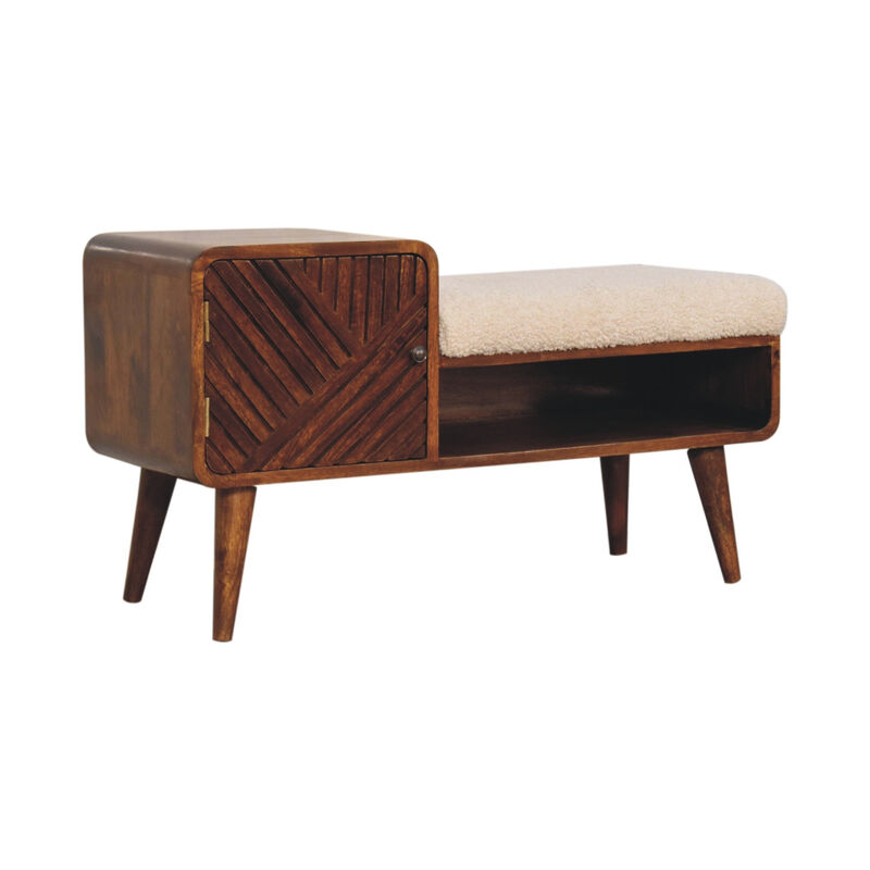 35" Cream and Chestnut Boucle and Solid Wood Upholstered Bench image number 2
