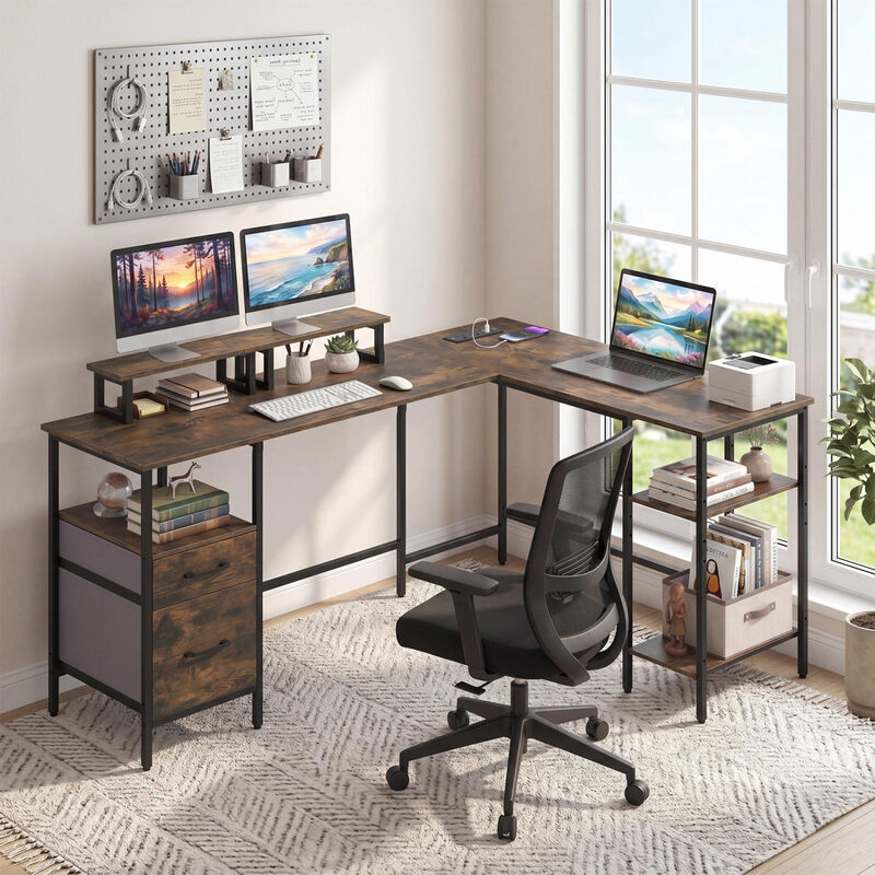 Reversible L Shaped Office Desk with Built-in Power Outlet and Monitor Shelf Workstation-Rustic Brown image number 1