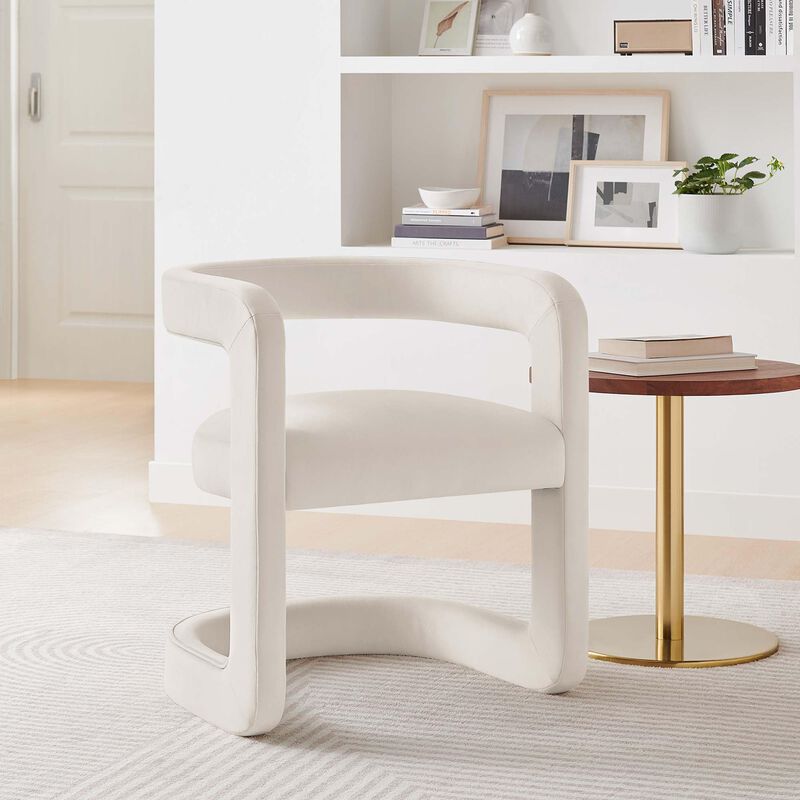 Modway Winslow Stain-Resistant Performance Velvet Dining Chair in Alabaster - Open Back Barrel Armchair - Upholstered Dining Chair - Cozy Reading Chair or Velvet Vanity Chair image number 4