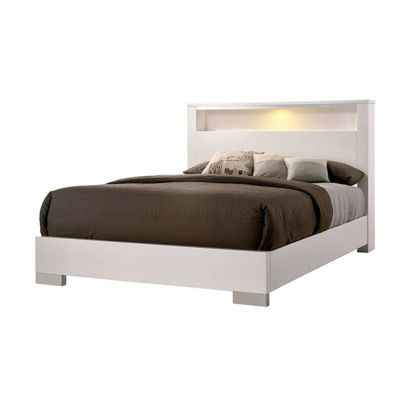Queen Size Bed with Open shelf, White - Benzara