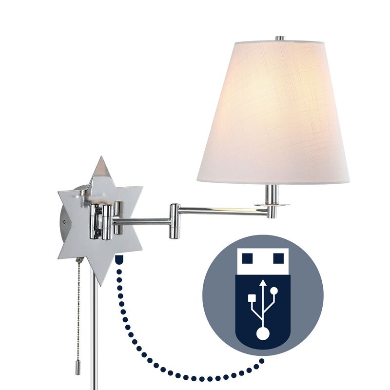 David Modern French Country Swing Arm Plug-In or Hardwired Iron LED Star Wall Sconce with Pull-Chain and USB Charging Port