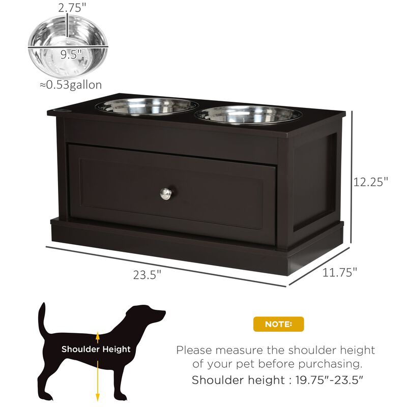 Elevated Dog Bowls for Large Dogs, Raised Pet Feeding Station with 2 Stainless Steel Bowls, Storage Drawer, Wood Stand for Cats, Brown image number 3