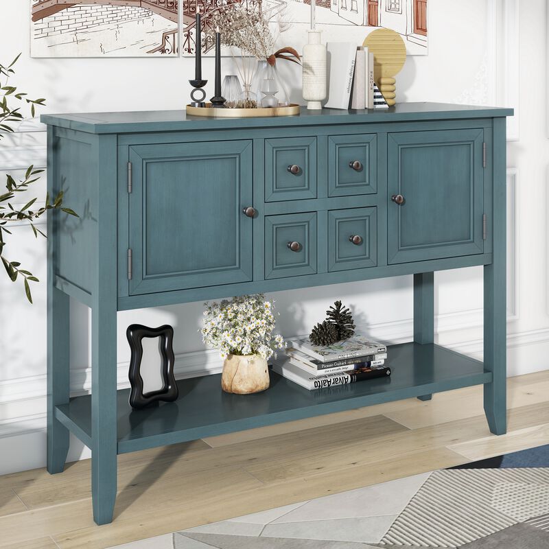 Whisen Vintage Console Table with Four Small Drawers and Bottom Shelf for Living Rooms, Entrances and Kitchens - Retro Blue