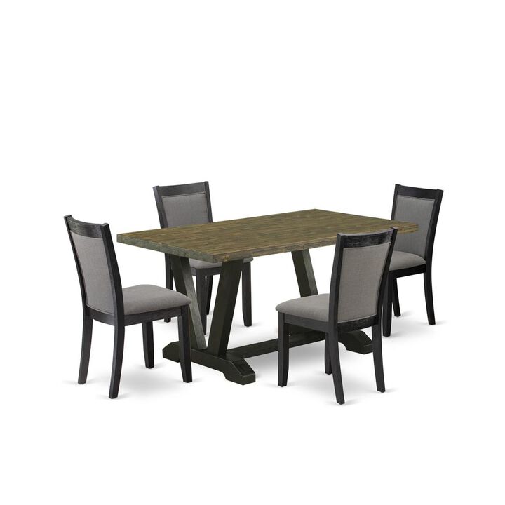 V676MZ650-5 5 Piece Dining Set - Distressed Jacobean Table with 4 Dark Gotham Grey Linen Fabric Chairs - Wire Brushed Black Finish