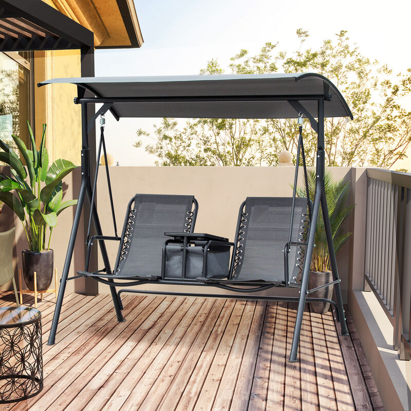 Outsunny 2-Seat Patio Swing Chair, Outdoor Canopy Swing Glider with Pivot Storage Table, Cup Holder, Adjustable Shade, Bungie Seat Suspension and Weather Resistant Steel Frame, Grey