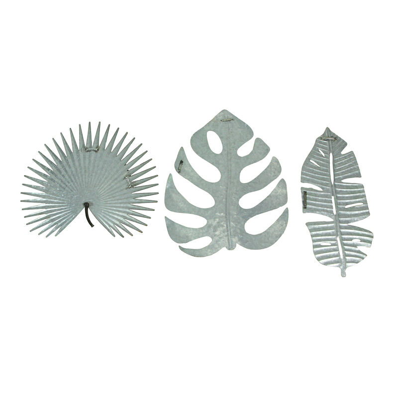 Set / 3 Antiqued Green Metal Tropical Leaf Wall Hanging Palmetto Monstera Banana image number 2