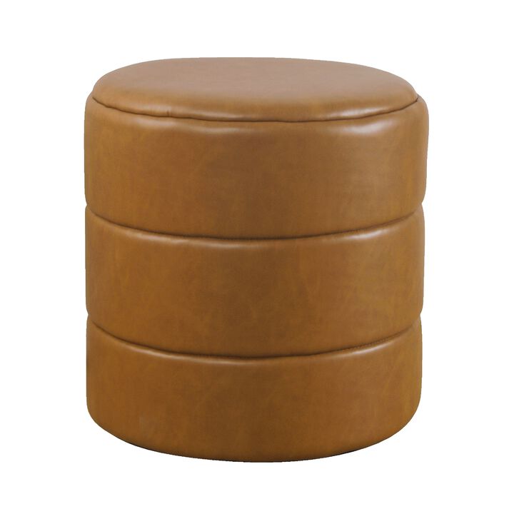 Sem Round Accent Ottoman, Brown Channel Tufted Faux Leather 18 Inch - Benzara