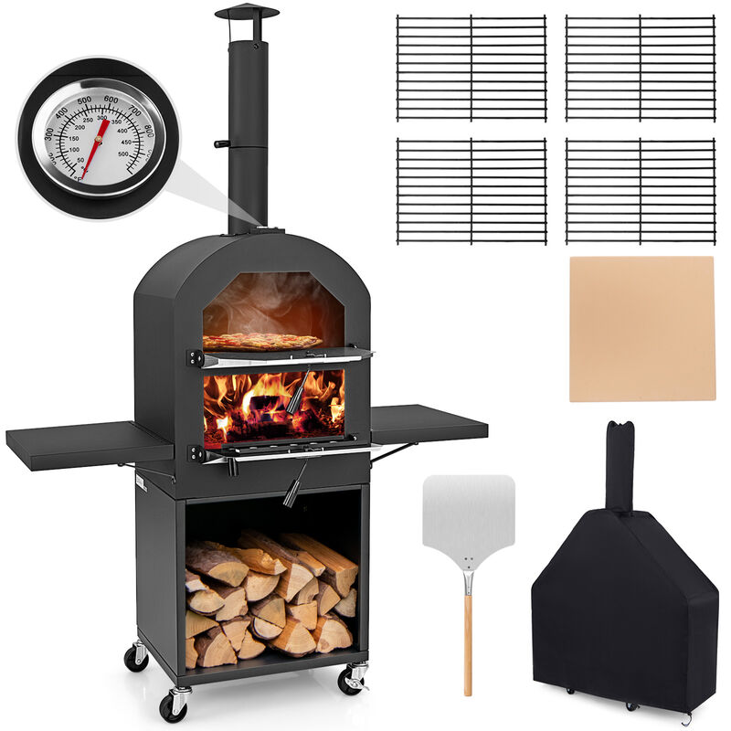 Outdoor Pizza Oven with Protective Cover, Grill Racks, and Built-in Thermometer