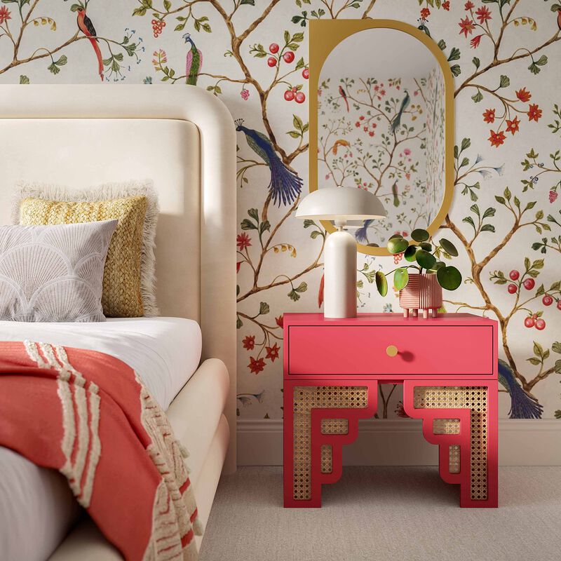 Casafoyer Suzie Coral Pink & Rattan Nightstand image number 1