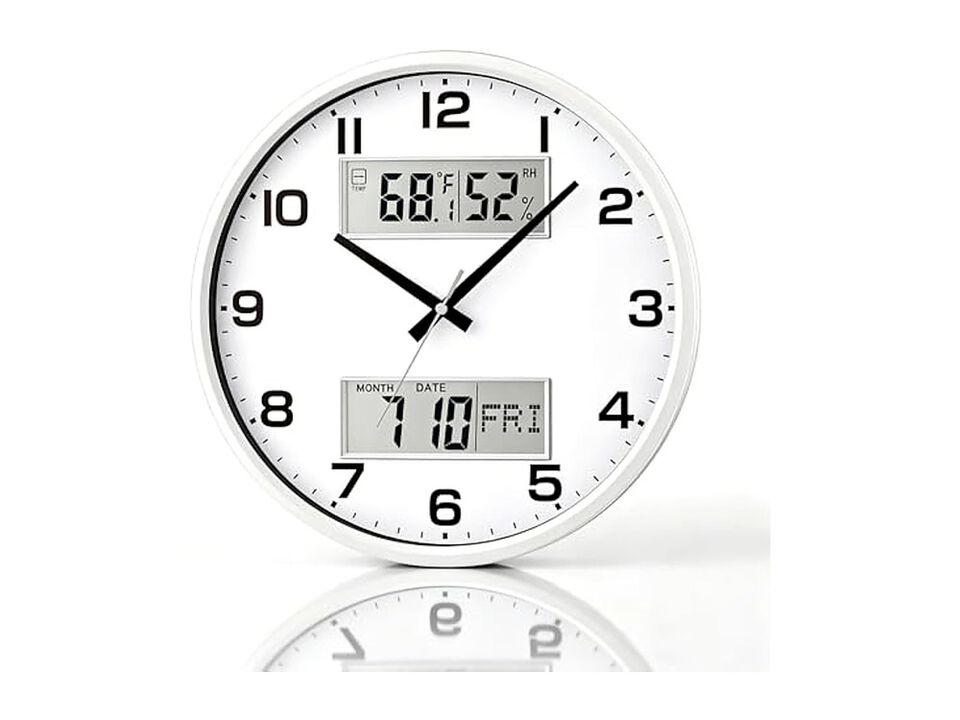 White Calendar Temperature Humidity Wall Clock 13 Inch Silent Battery Operated