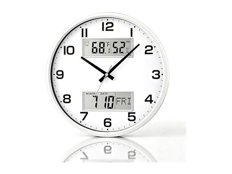 White Calendar Temperature Humidity Wall Clock 13 Inch Silent Battery Operated image number 0